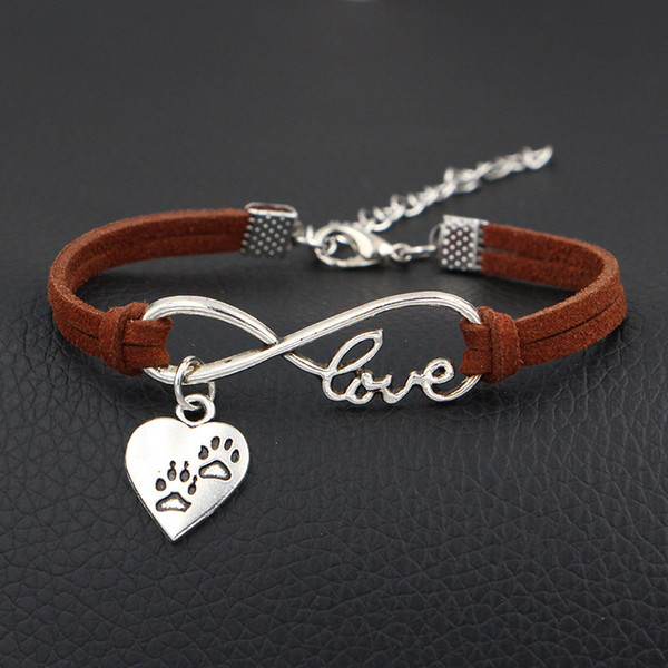 Hot Infinity Love Pet Dog Paw Heart Bracelet Single Layer Brown Leather Rope Bangle For Women Men 2018 New Punk Jewelry Pulseira Accessories