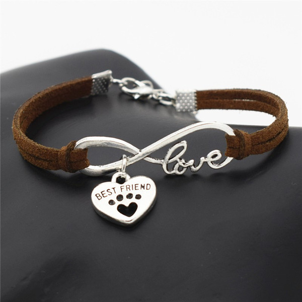 Vintage Silver Color Dark Brown Leather Rope Charm Bracelet Bangles with Infinity Love Pets Dog Paw Best Friend Pendant Jewelry Dropshipping