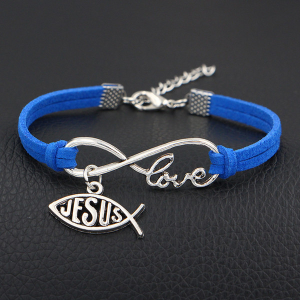 Hot Single Layer Dark Blue Leather Suede Summer Bracelet Bangles Infinity Love Fish Jesus Christian Charm Wedding Jewelry For Women Men Gift