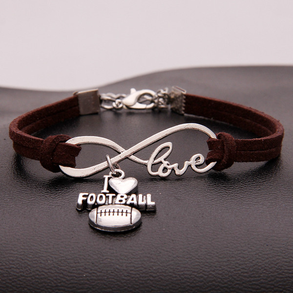 Good price New Fashion Top Dark Brown Leather Women Men Bracelets Popular Infinity Love I Heart Football DIY Handmade Weave Charm Jewelry