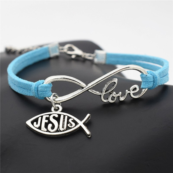 AFSHOR 2018 New Design Christmas Jewelry Fashion Cute Charm Leather Wrap Love Infinity Bracelet For Women Men Jesus Cross Fish Pattern Gifts