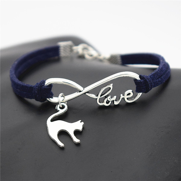 Fashion Multiple Layers Dark Navy Leather Bracelet Men Classic Infinity Love Cat Pendant Rope Chain Charm Bangles For Women Armband Jewelry