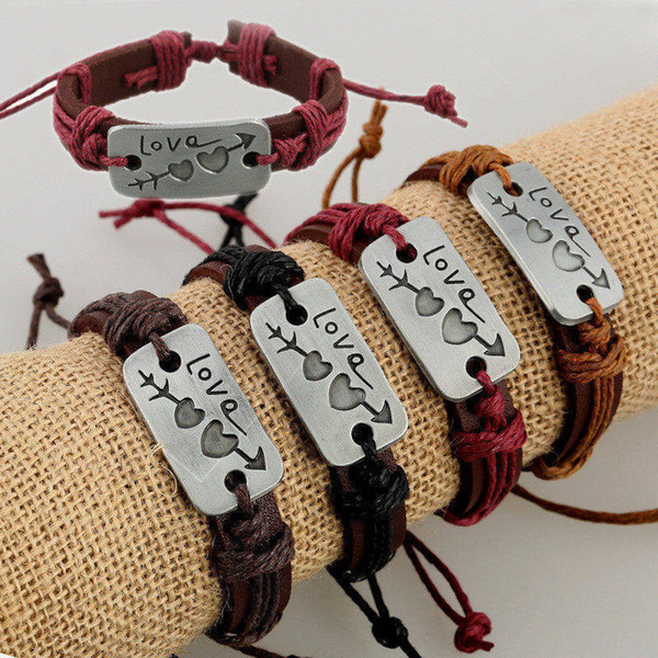 4 Colors Handmade Genuine Cowhide Leather Rope Cuff Bracelets For Women Men Double Heart Love Arrow Charm Bangles Lucky Lovers Jewelry Gifts