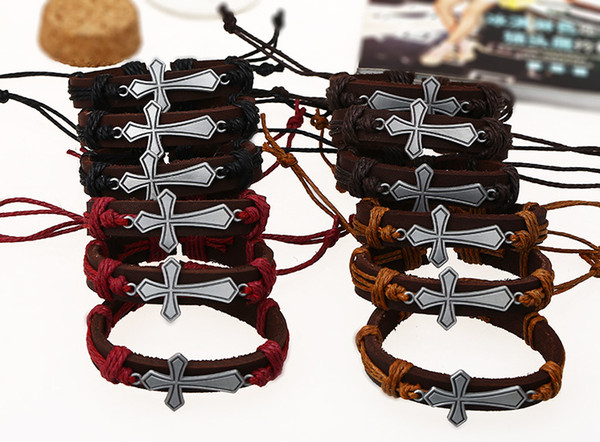 Delicate Silver Cross Charm Bracelets & Bangles 4 Color Genuine Cowhide Leather Rope Adjustable Cuff Jewelry Family Couples Friendship Gifts