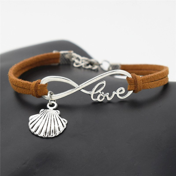 AFSHOR New Beach Vintage Style Antique Silver Infinity Love Seashell Conch Sea Shell Charms Pendant Leather Bracelets Cute Gift Jewelry