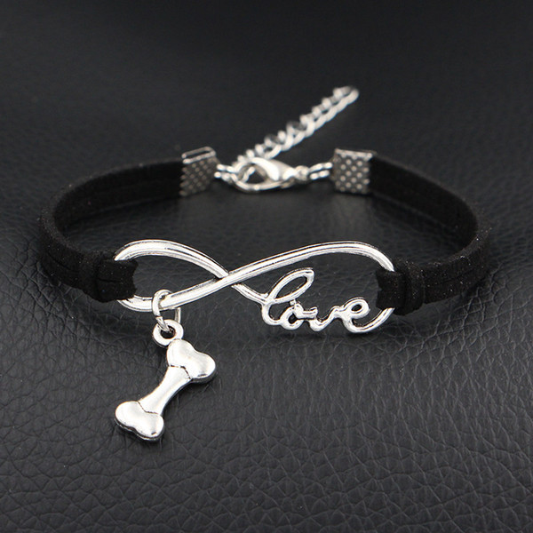 AFSHOR 2018 New Arrival My Dog Love Bone Charms Bracelet Antique Silver Infinity Love Black Leather Bangles For Women Men Fashion Jewelry