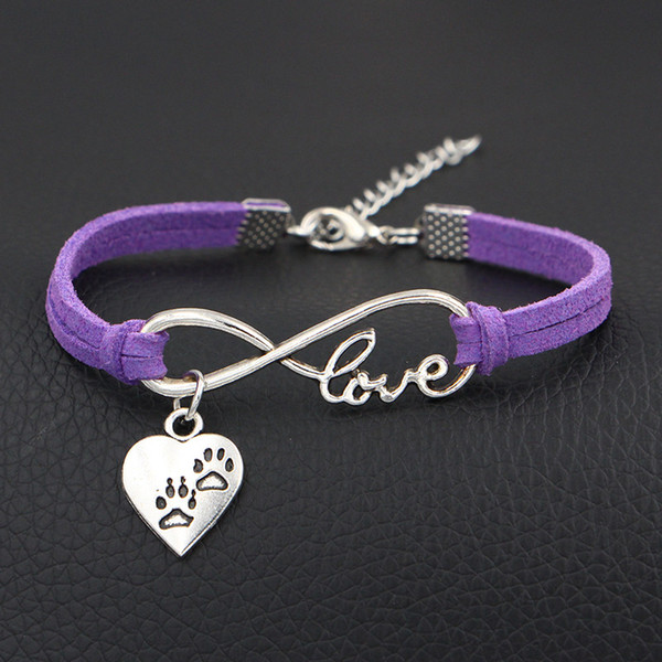 AFSHOR 2018 New Arrival Double Dog Paw Prints Charms Bracelet Antique Silver Infinity Love Leather Bracelets For Women