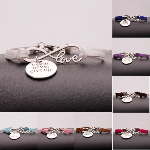 AFSHOR New Hot Personality Antique Silver Infinity Never Never Give Up Charm Leather Infinity Bracelets Love Gifts Party Unique Jewelry