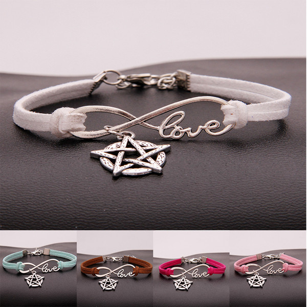 AFSHOR Antique Silver Pentagram Charms Leather Bracelet Star Infinity Love Jewelry Women Stylish Casual Unique Accessories Best Gift