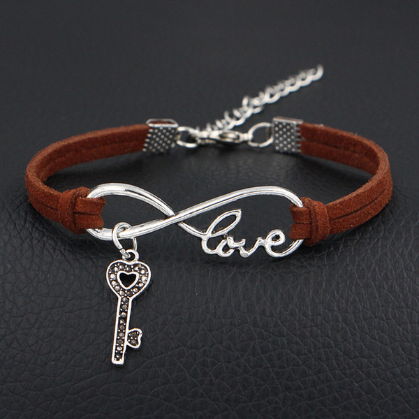 AFSHOR 2018 New I Have The Key to Open Your Heart Charms Antique Silver Heart Pendants Infinity Love Leather Bracelets Women's Gift