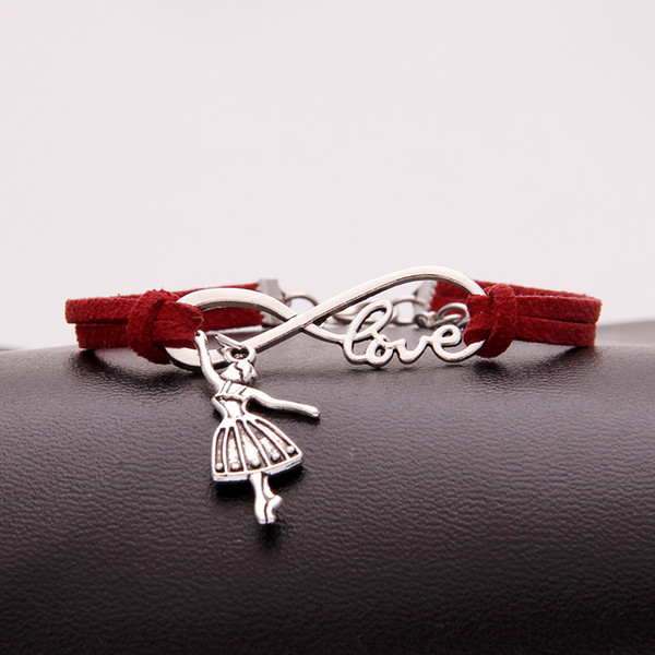 Europe Fashion Multilayer Wrap PU Red Leather Bracelets & Bangles High quality Silver color Infinity Love Angel Ballerina Girl Buckle Gifts