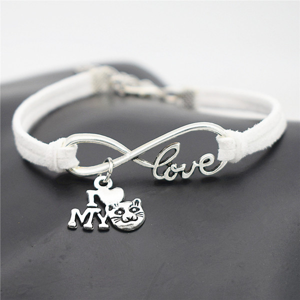 Lucky White Leather String Thread Rope Bracelets & Bangles Infinity I Love My Cat Pendant Charm Women Men Handmade Fatima Friendship Jewelry