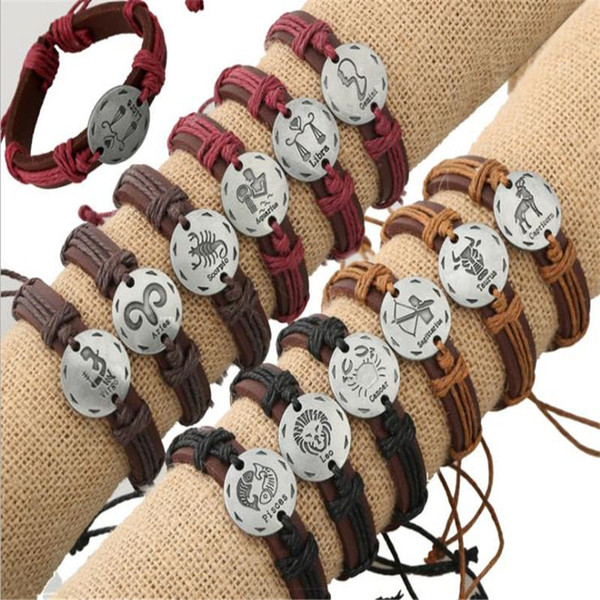 Woven 12 Constellation Bracelets & Bangles Vintage Fashion Charm Bracelet Handmade Braided Leather Rope Metal Cuff Jewelry for Men And Women