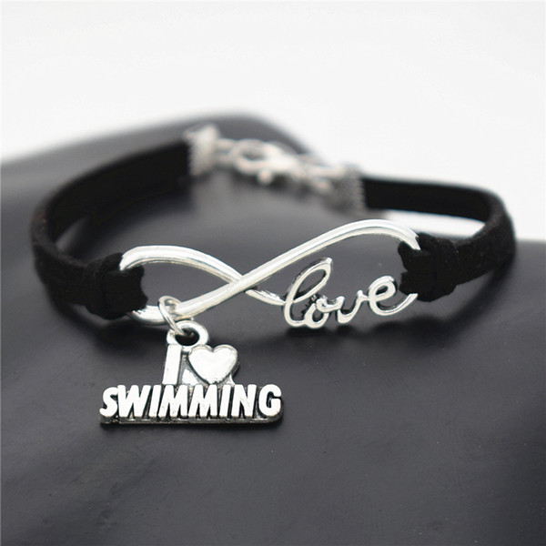 Infinity Love I Heart Swimming Pendant Charm Bracelet For Women Men Jewelry Fashion Design Simple Black Leather Suede Rope Cuff Bangles Gift