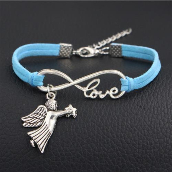 Hot Trendy Blue Leather Rope Infinity Love Angel Wing Star Silver Charm Bracelet Bangles For Men Or Women Transport Lucky Jewelry Wholesale