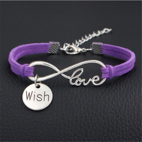 AFSHOR Hot Boho Punk Bijoux Fashion Vintage Infinity Love Wish Purple Leather Bracelet For Women Gift Wholesale Bangles Men Jewelry pulseras