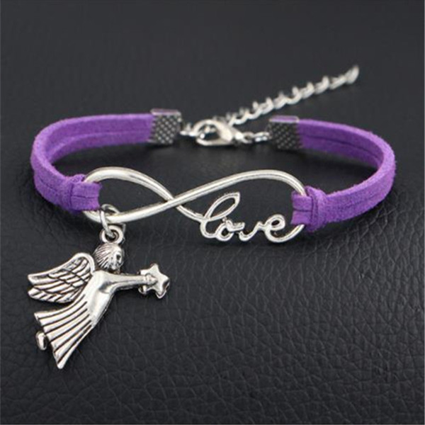 New Luxurious Purple Leather Rope Bracelet Silver Color Adjustable Infinity Love Angel Wing Star Charm Bangles for Women Men Fashion Jewelry