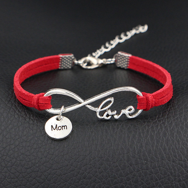 Hot Red Handmade Leather Wax Rope Wrap Bangles Silver Infinity Love Mom Friendship Charm Bracelets For Women Men adjustable original Jewelry