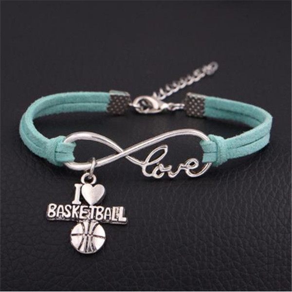 12 Variety of Design Light Green Leather Rope Charm Bracelet with Infinity I Love Basketball Women Men Bangles Fit Jewelry Pulseiras Bijoux