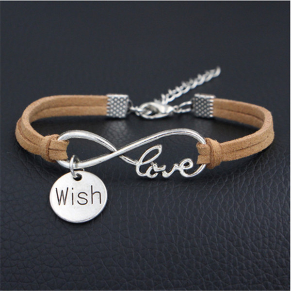 2018 New Beige Leather Suede Jewelry Silver Infinity Love Wish Charm Casual Personality Bracelets & Bangles For Women Men pulseras Wholesale