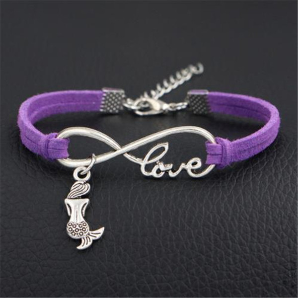 2018 Top Design Labradorite Infinity Love Mermaid Wrap Charm Bracelet Bangles Trendy Handmade Purple Leather Rope Cuff Jewelry For Women Men