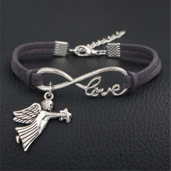 Fashion Dark Gray Leather Rope Wrap Charm Bracelets & Bangles Silver Color Infinity Love Angel Wing Star Meta Pendant Jewelry For Women Men