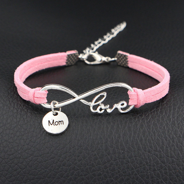 All-Match Pink Colors Infinity Love Mom Charm Bracelets & Bangles for Women Men Couple Silver Alloy Charm Lucky Leather Rope String Jewelry