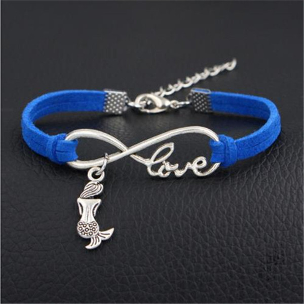 Drop Shipping Hot Selling Europe New Fashion Infinity Love Mermaid signs Bracelets Bangles With Dark Blue Leather Rope Jewelry for Men Women