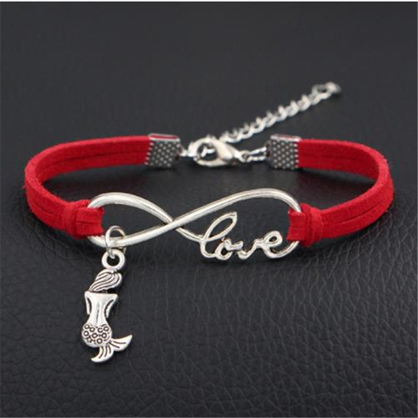 Wholesale Summer Style Red Leather Rope Chain & Link Bracelets Popular Infinity Love Mermaid Charm Jewelry Gifts for Women Men 2018 Hot Sale