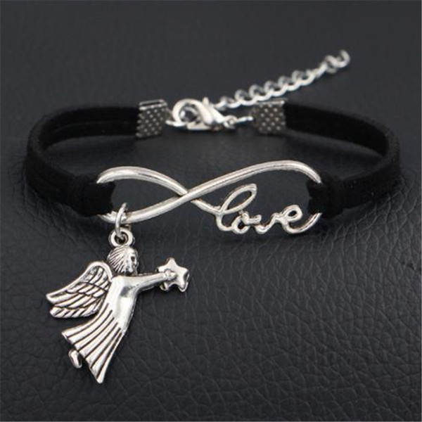 Hot Sale Wholesale Fashion Black Leather Wrap Bracelet Infinity Love Angel Wing Star Jewelry 12 Colors To Choose Bangles For Women Men Gifts