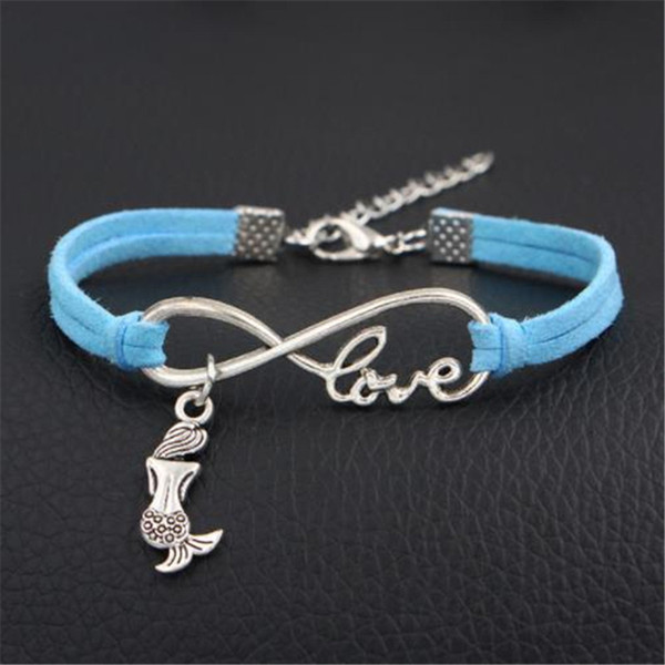Blue Leather Bracelets Bangles Double Layer Silver Color Infinity Love Mermaid Special Jewelry For Women Men Father's Day Gift Big Discount
