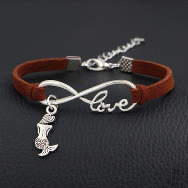 New Arrival Romantic Infinity Love Mermaid Design Cuff Bracelet Dark Brown Leather Silver Plated Wedding Jewelry Women Men Banquet Accessory