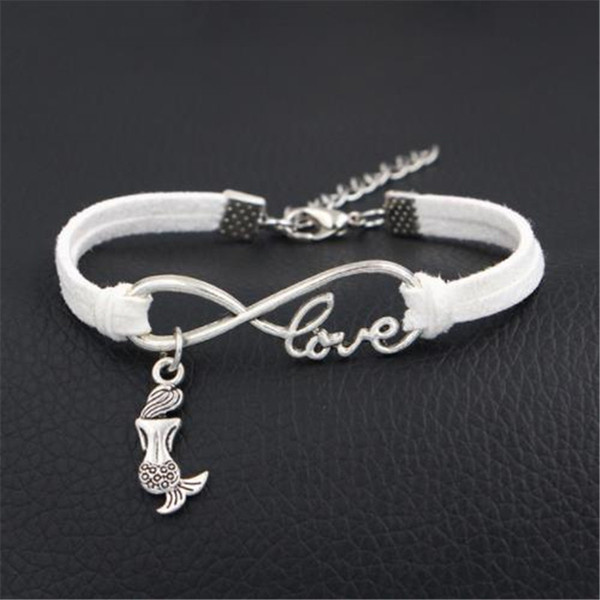 New 100% Genuine White Braided Leather Rope Charm Bracelet Bangles Men Women Infinity Love Mermaid Pendant Lobster buckle Clasp Male Jewelry