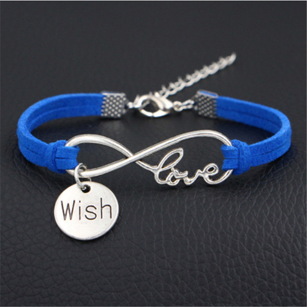 AFSHOR dark blue leather jewelry silver plated Infinity Love Wish fine fashion bracelets bangles women men top quality wholesale and retail