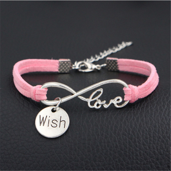 Wholesale Antique Silver Plated Infinity Love Wish Bracelets & Bangles Natural Stone Pink Leather Suede Cuff Jewelry For Men Women Pulseras