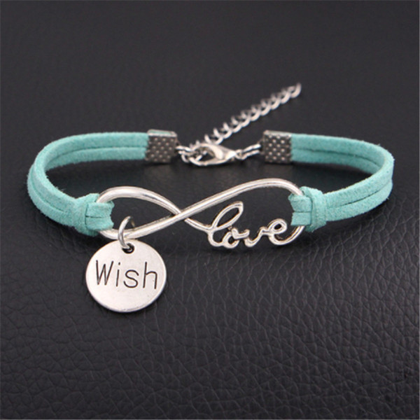 Punk Ladies Infinity Love Wish Wrap Cuff Charm Bracelets Bangles Light green Leather Rope Adjustable Jewelry Pulseiras Bijoux For Women Men