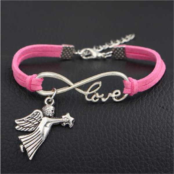 Fashion Hot Pink Leather Suede Women Men Bracelet Silver Infinity Love Angel Wing Star Charm Bangles For Female Summer Jewelry Original Gift