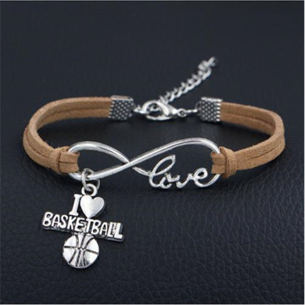 12 Colors Silver Color Infinity I Love Basketball Chain Link Bracelet Bangles for Women Men Ladies Handmade Beige Leather Suede Wrap Jewelry