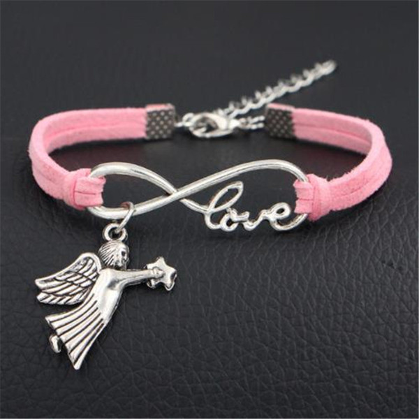 Fashion Leather Infinity Love Angel Wing Star Bracelet for Men Women Pink Braid Multilayer Rope Chain Lobster buckle Clasp Male Jewelry Gift