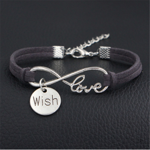 AFSHOR Original Silver Infinity Love Wish Pendant Bracelets with Dark Gray Leather Suede Charm Bangles for Women Men DIY Jewelry Accessories