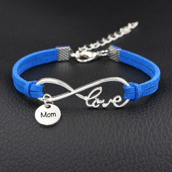 Silver Color Infinity Love Mom Punk Bracelets For Women Men Chain Bangles Fashion Handmade Dark Blue Leather Suede Jewelry Summer Style Gift