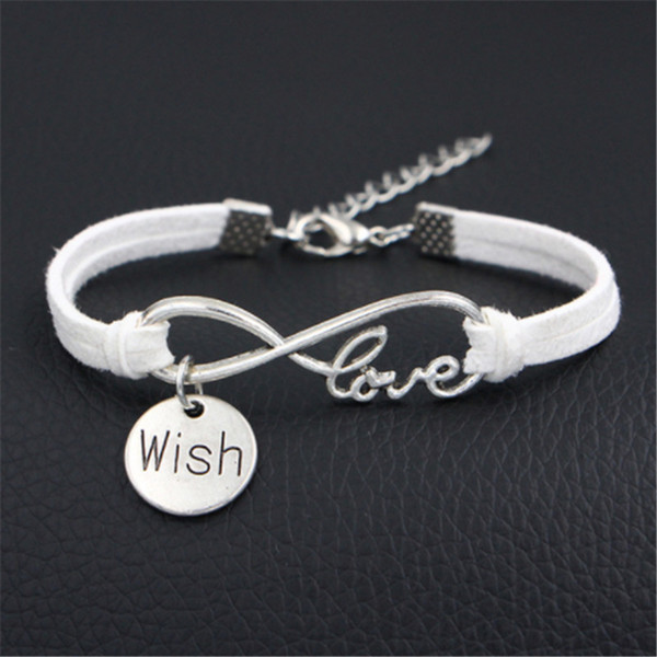 Antique Silver White Leather Rope Cuff Charm Bracelet & Bangle With Infinity Love Wish Bracelets For Women Men Wedding European Jewelry Gift