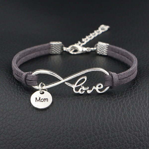 2018 New Unique Trendy Elegant Classic Stone Infinity Love Mom Charm Bracelets & Bangles For Women Men Dark Gray Leather Suede Jewelry Gifts
