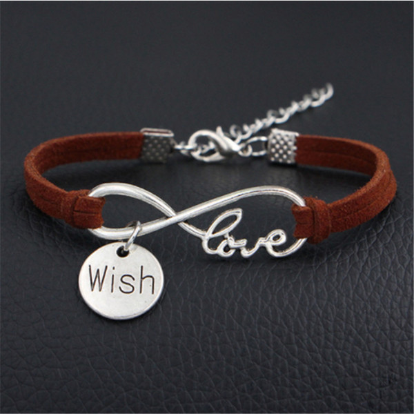 New Fashion Luxury Weave Vintage Cuff Brown Leather Rope Infinity Love Wish Charm Bracelet Bangles Women Men Female Jewelry Gift Accessories