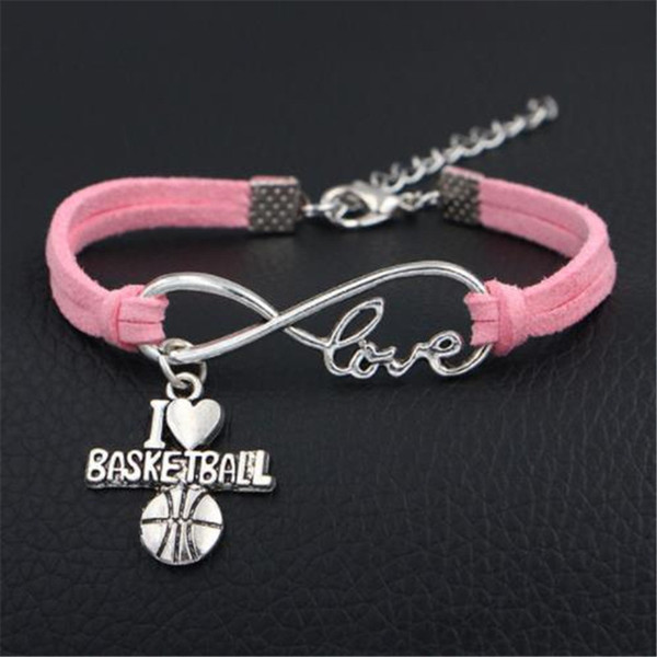 2018 Fashion Lucky Pink Leather Rope Cuff Bracelets Bangles Infinity I Love Basketball Pendant Charm Women Men Handmade Friendship Jewelry