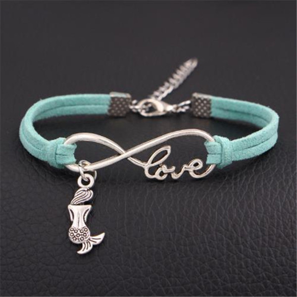 Punk Light green Leather Rope Infinity Love Mermaid Chain Multilayer Pendant Silver Alloy Bracelet Bangles Charm Women Men Girl Jewelry Gift