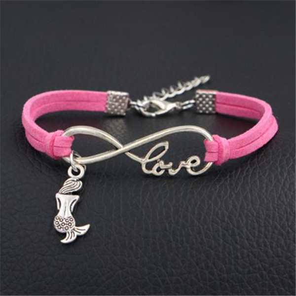 Designer Fashion Hot Pink Leather Rope Multilayer Infinity Love Mermaid Charm Bracelets & Bangles Pulseras Mujer Jewelry for Women Men Gifts