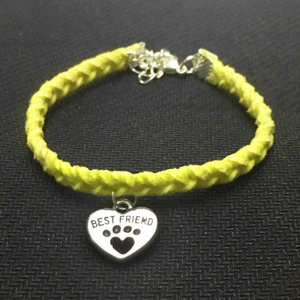 Hot Sale Handmade Yellow Leather Velvet Rope Bracelets Bangles Silver Pets Cat Dog Paw Best Friend Heart Accessories Women Men Jewelry Gifts