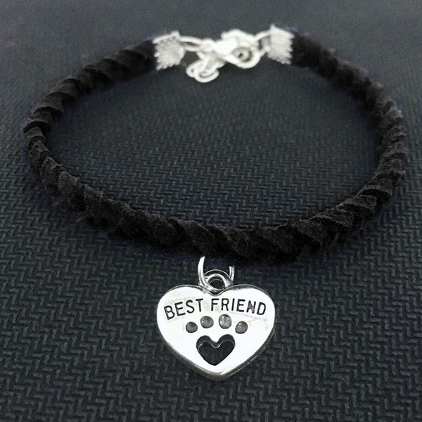 Punk Silver Pets Cat Dog Paw Best Friend Heart Bracelet Bangles Trendy Black Leather Suede Velvet Rope Bracelets For Women Man Jewelry Gifts