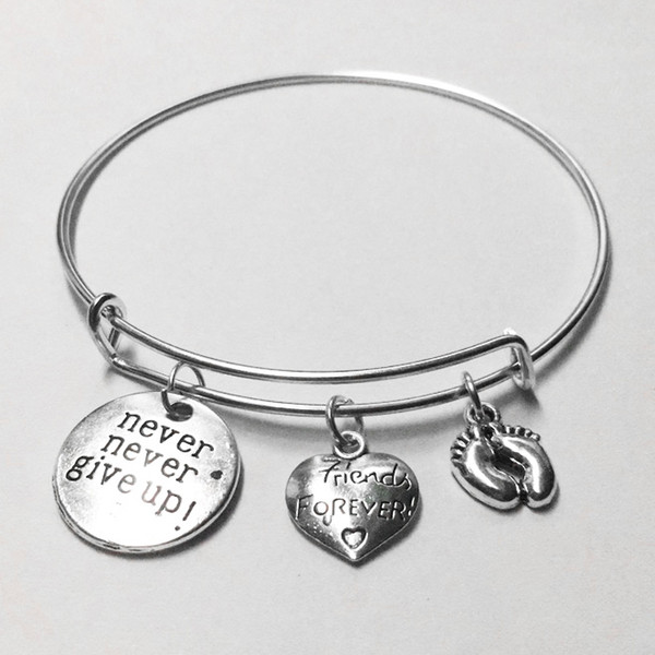 Never Never Give Up Friends Forever Baby Feet Pendants Bangles Bracelets Stainless Steel Chain Charm Bracelet For Women Men Friendship Gifts